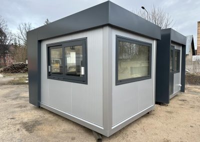 Perfect Kiosks- Security Kiosk 360cm x 240cm (12ft x 8ft) price includes: electrical installation, wall-mounted electric heater, under window counter and advertising header. Double-glazed aluminum windows and doors