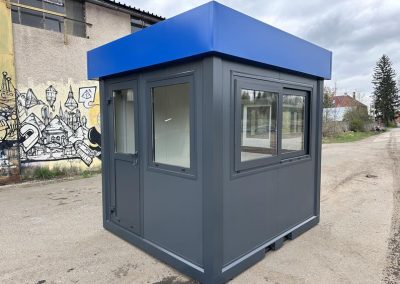 Perfect Kiosks - Security kiosk 240cm x 220cm (8ft x 7ft6in) price includes: electrical installation, wall-mounted electric heater, under window counter and advertising header